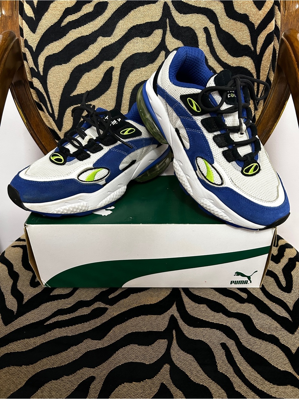 Puma White Blue with Neon Green Accent Running Shoes